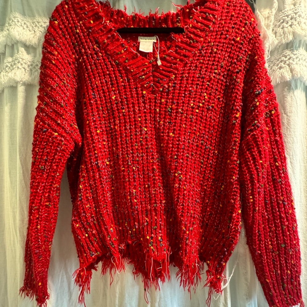 Size Small Main Strip oversized Confetti knit sweater with frayed hem/sleeves